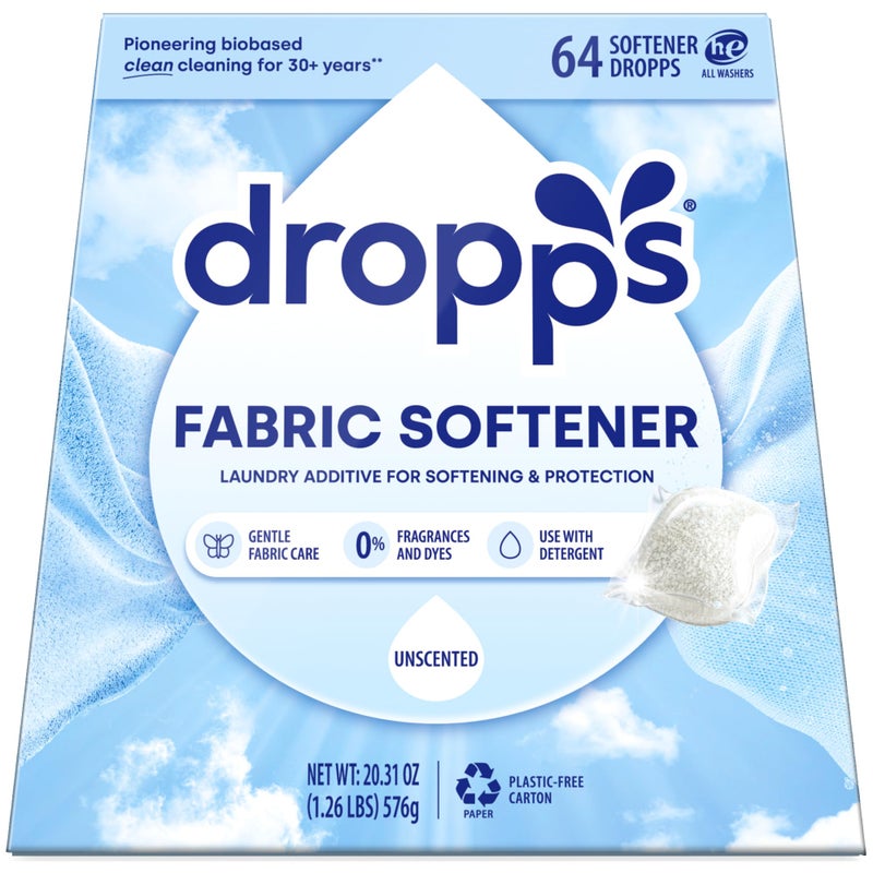Dropps Laundry Fabric Softener Pods, Unscented (64 Count) - Fabric Softener Liquid Pods for Fluffy, Soft Fabrics - HE Compatible Mineral Based Ingredients Laundry Supplies - Image 1