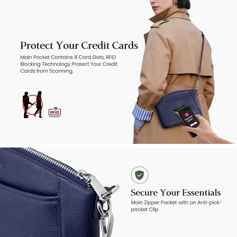 befen Real Leather Small Crossbody Bags for Women Anti Theft Shoulder Bag Purse Handbags with Adjustable Straps Navy Blue for Travel - Image 3