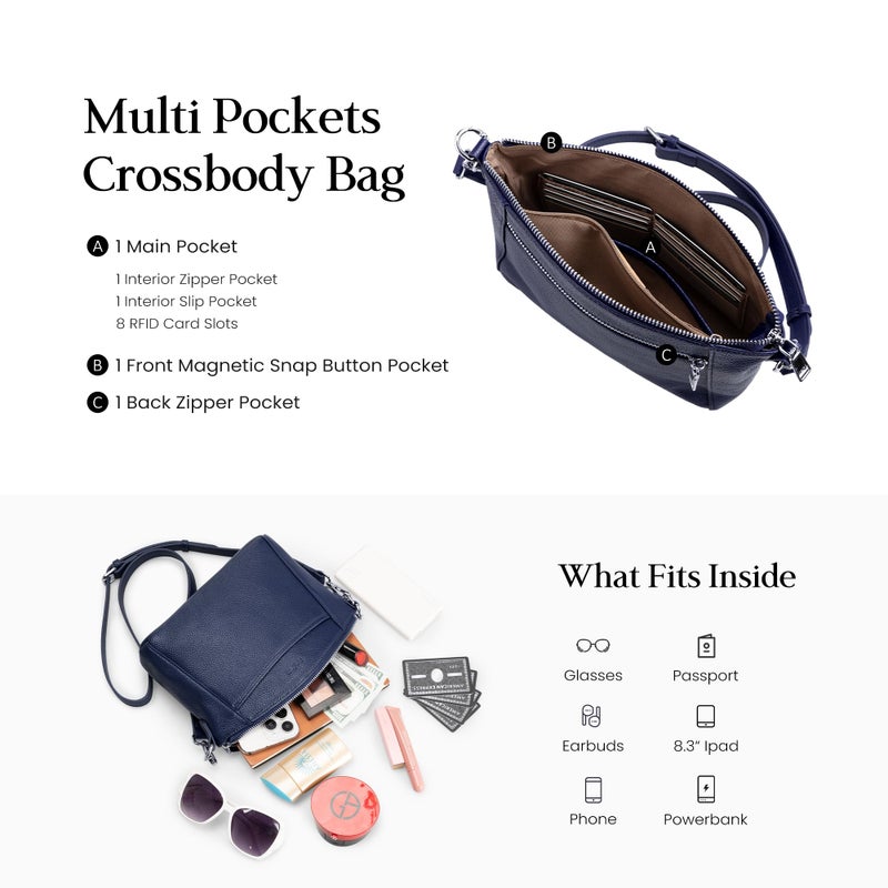 befen Real Leather Small Crossbody Bags for Women Anti Theft Shoulder Bag Purse Handbags with Adjustable Straps Navy Blue for Travel - Image 4