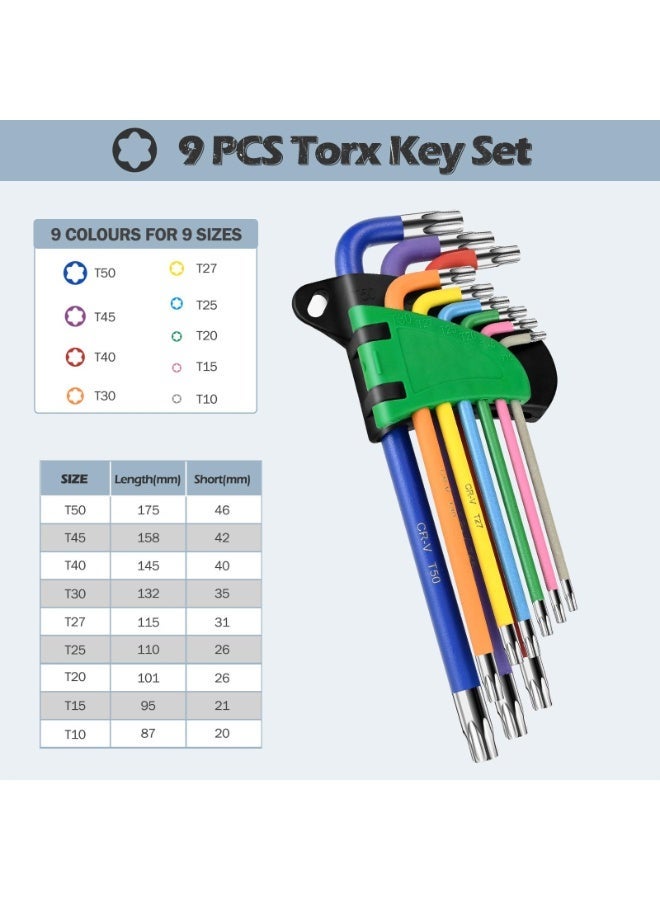 9PC Torx Key Set,Star Hex Key Set,Torx Allen Key Set with Multi Colour Coded,Sizes T10-T50,Allen Wrench Set for Bicycle Repair,Furniture Assembly,Appliance Repair,Household DIY - Image 3
