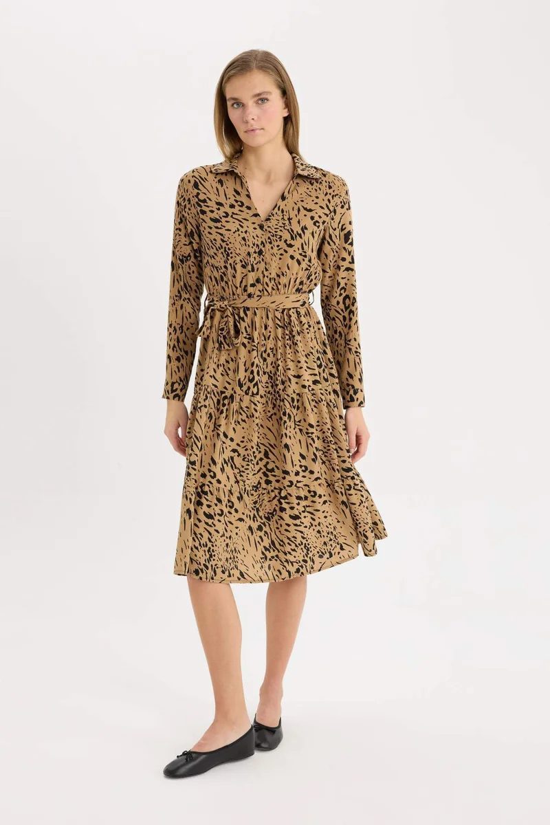 DeFacto Shirt Collar Leopard Patterned Belted Midi Dress