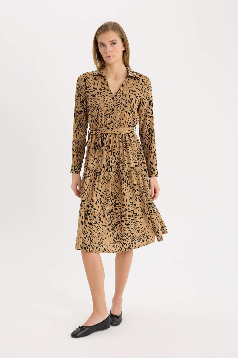 DeFacto Shirt Collar Leopard Patterned Belted Midi Dress - Image 1