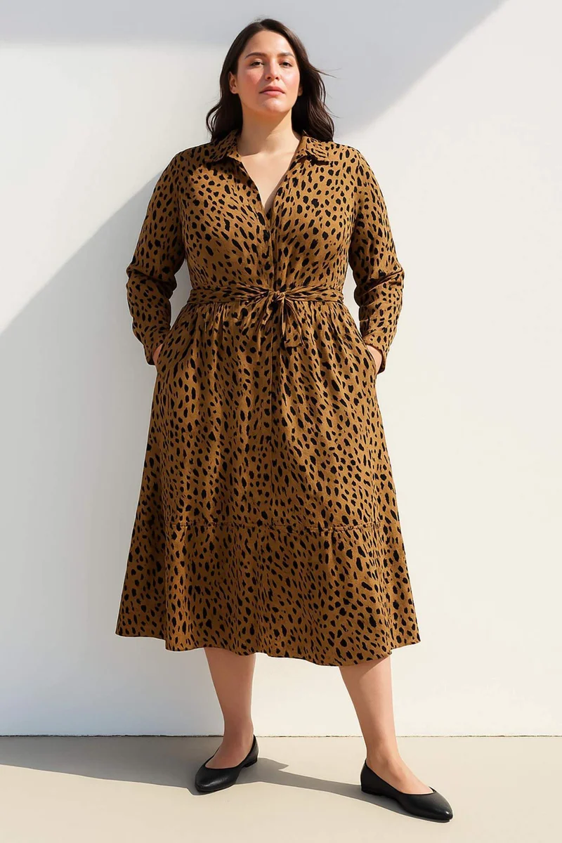DeFacto Shirt Collar Leopard Patterned Belted Midi Dress