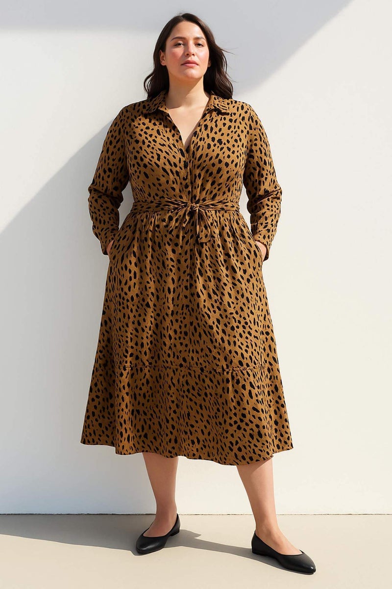 DeFacto Shirt Collar Leopard Patterned Belted Midi Dress - Image 2
