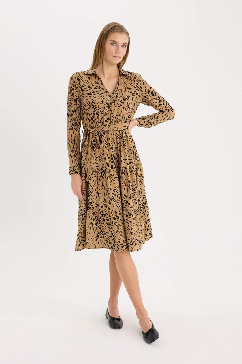 DeFacto Shirt Collar Leopard Patterned Belted Midi Dress - Image 3
