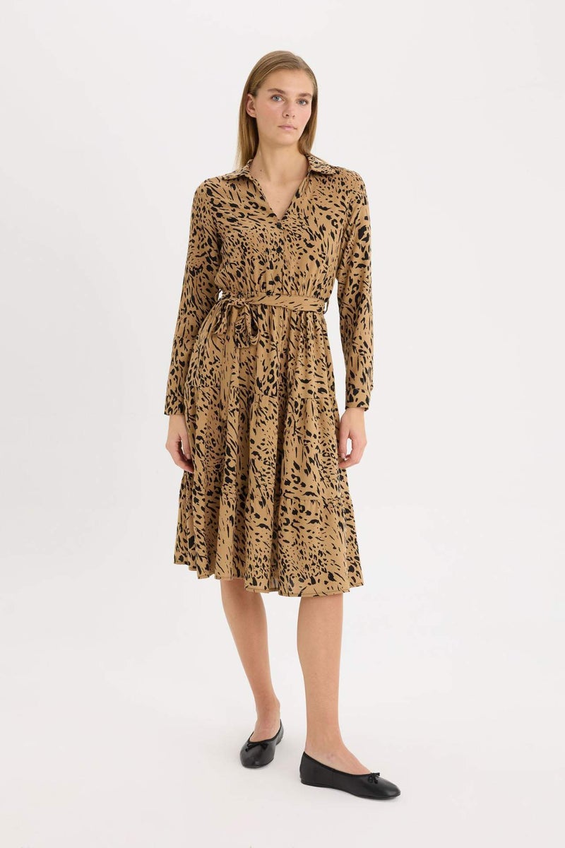 DeFacto Shirt Collar Leopard Patterned Belted Midi Dress - Image 4