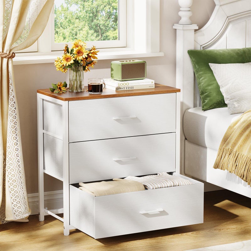 Memobarco Nightstand,Farmhouse Night stand with 3 Storage Drawer,Small Dresser for Bedroom,Chest of Drawers Fabric Dressers with Steel Frame,Wooden Top Front Bedside Table for Small Space,White+walnut - Image 1