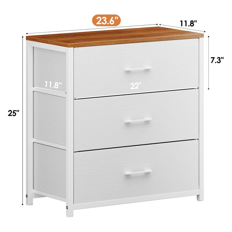 Memobarco Nightstand,Farmhouse Night stand with 3 Storage Drawer,Small Dresser for Bedroom,Chest of Drawers Fabric Dressers with Steel Frame,Wooden Top Front Bedside Table for Small Space,White+walnut - Image 2