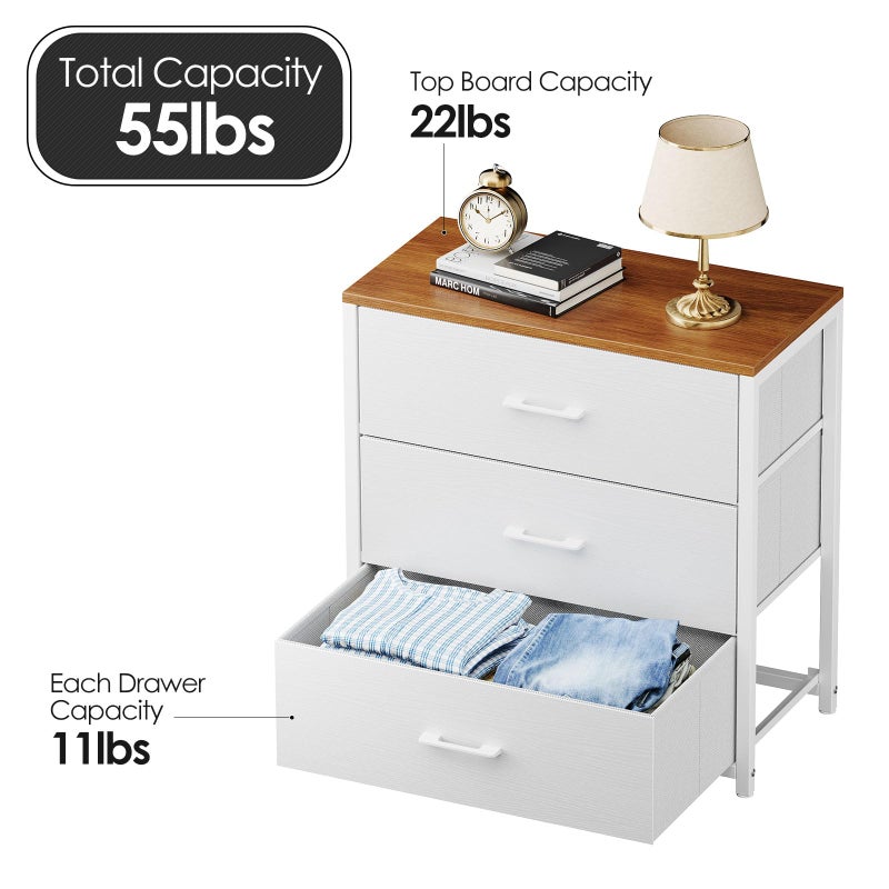 Memobarco Nightstand,Farmhouse Night stand with 3 Storage Drawer,Small Dresser for Bedroom,Chest of Drawers Fabric Dressers with Steel Frame,Wooden Top Front Bedside Table for Small Space,White+walnut - Image 3