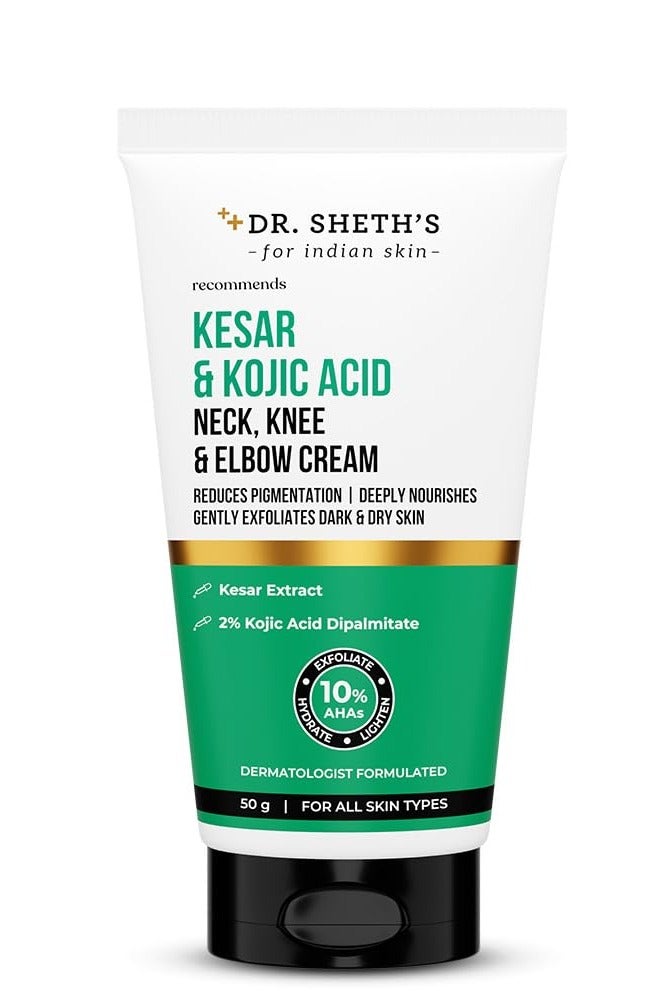 Dr. Sheth's Kesar & Kojic Acid Neck, Knee & Elbow Cream | Clinically Tested | Helps To Reduce Pigmentation | 10% AHAs+2% Kojic Acid+Urea | For Dark Neck, Ankles, Knuckles, Knees, Thighs & Elbows | 50g - Image 1