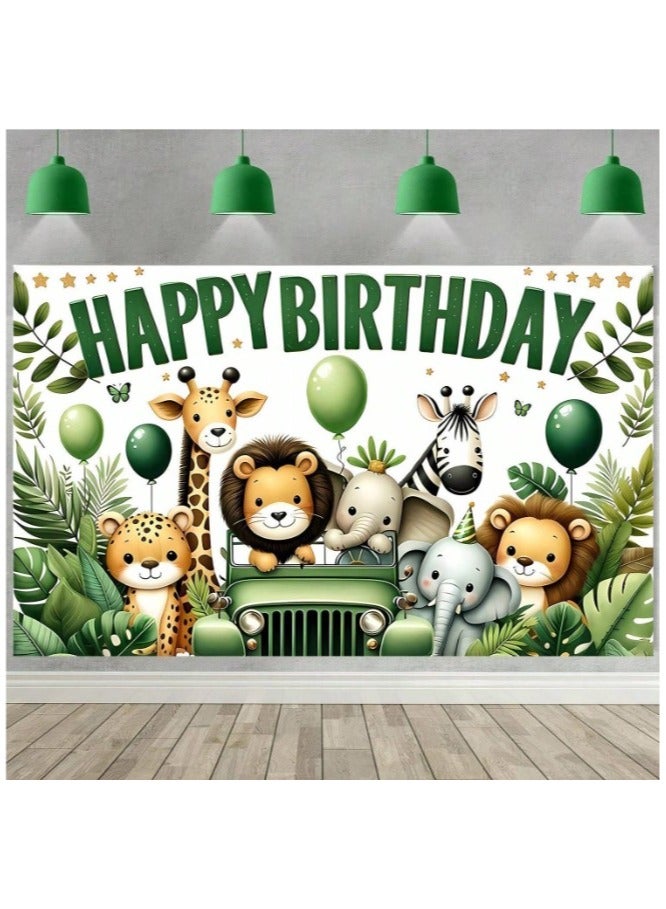 Polyester Backdrop Banner with Happy Birthday Jungle Animal Pattern for Birthday Party Size (150cm-100cm) - Image 1