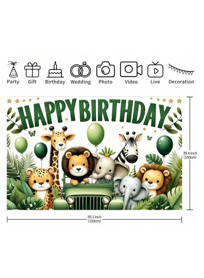Polyester Backdrop Banner with Happy Birthday Jungle Animal Pattern for Birthday Party Size (150cm-100cm) - Image 3