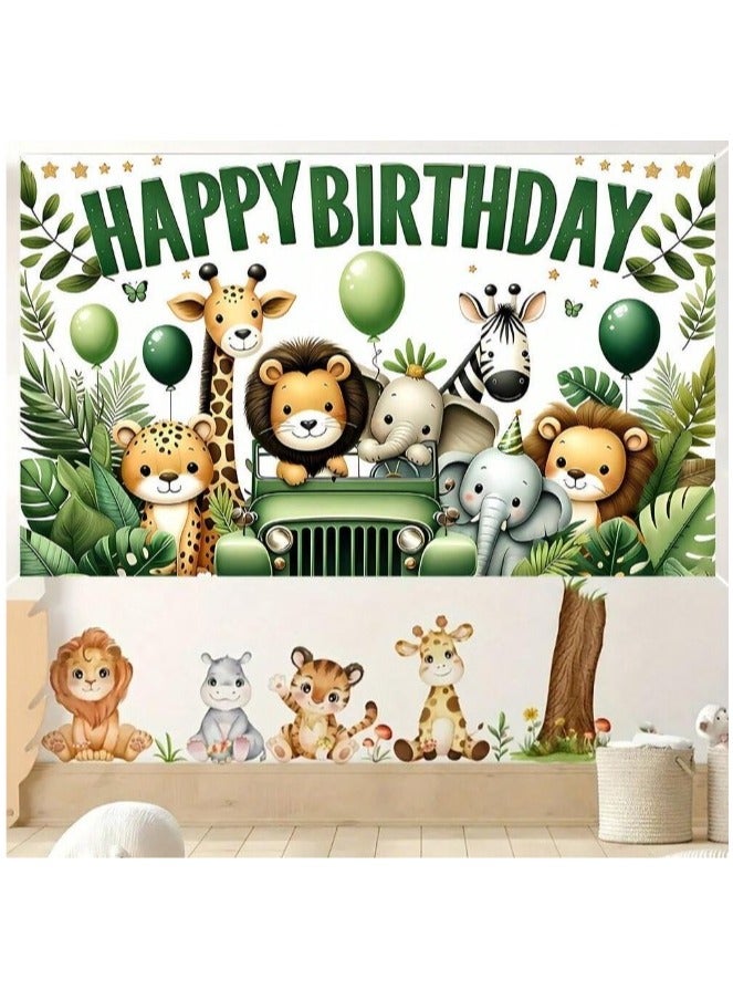 Polyester Backdrop Banner with Happy Birthday Jungle Animal Pattern for Birthday Party Size (150cm-100cm) - Image 2