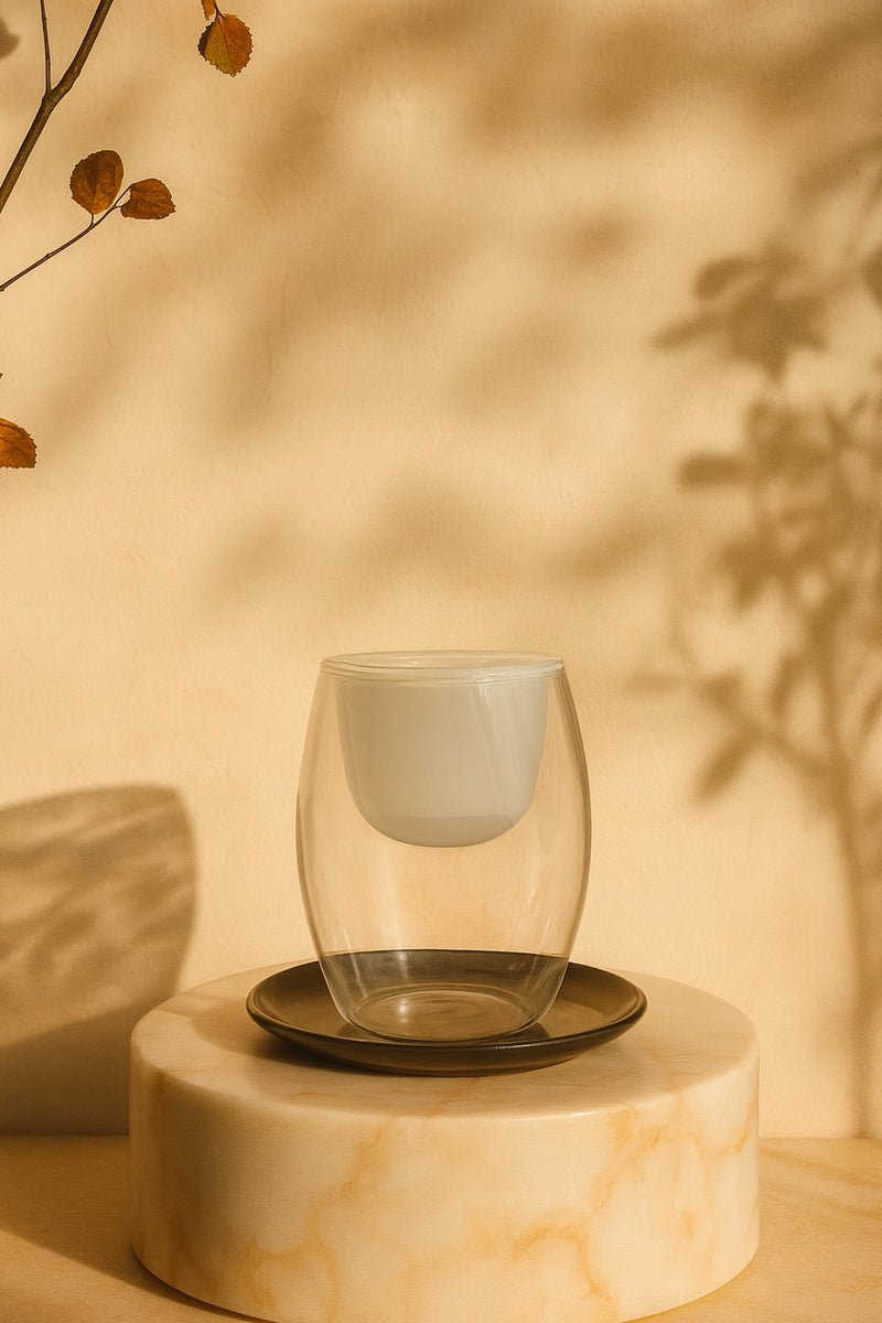 Raz 12-Piece Double Wall Tea Glass & Black Saucer Set – Elegant Heat-Resistant Design (White)  - Image 1