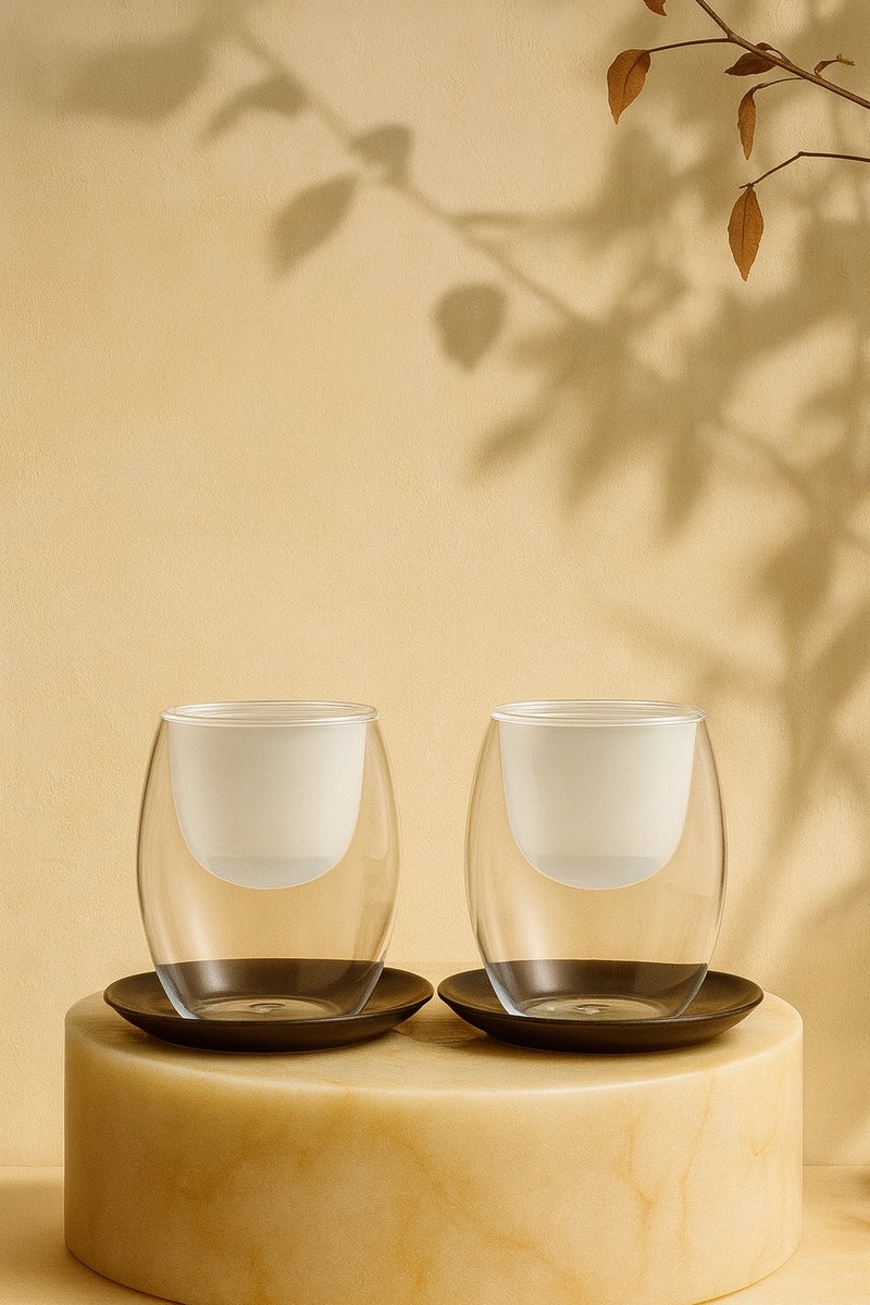 Raz 12-Piece Double Wall Tea Glass & Black Saucer Set – Elegant Heat-Resistant Design (White)  - Image 2