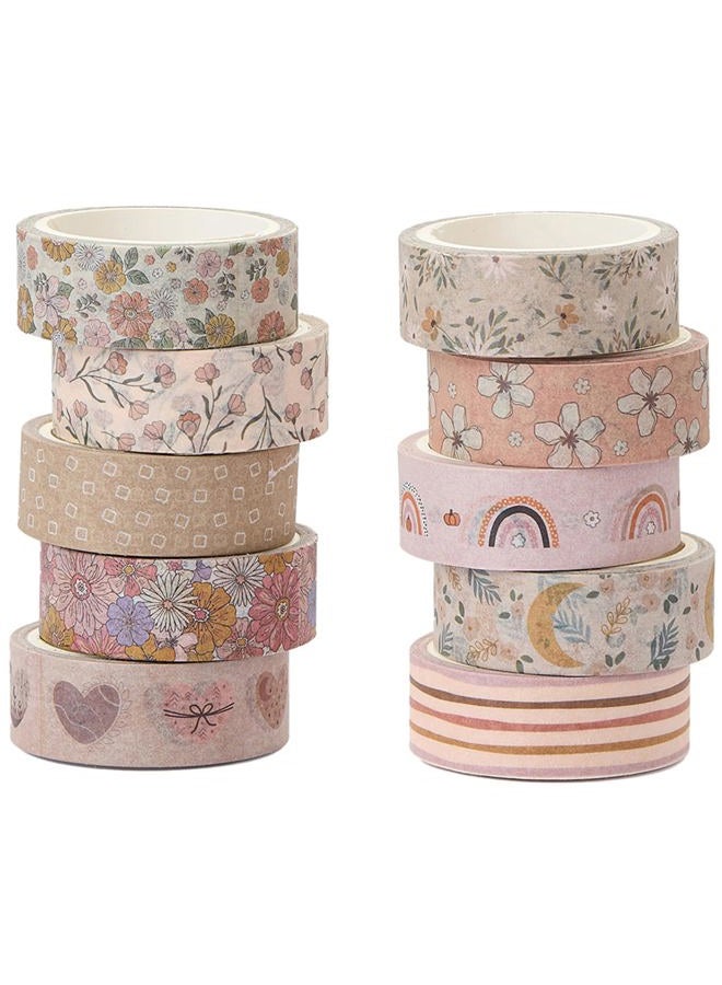 YUBX Boho Style Masking Tape, Set of 10, Floral Patterns, Butterflies, Hearts, Washi Tapes, Bright Colors, DIY Crafts, Journals, Planners, Scrapbooking, Wrapping, Present Decoration (Warm Colors) - Image 1