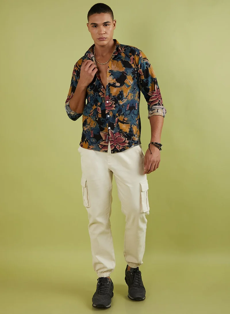 Campus Sutra Men's Multicolour Artistic Flowers Shirt