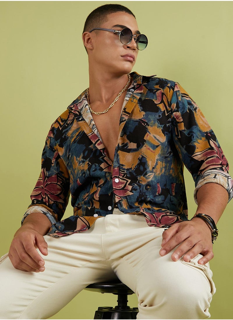 كامبوس سوترا Men's Multicolour Artistic Flowers Shirt  - Image 1