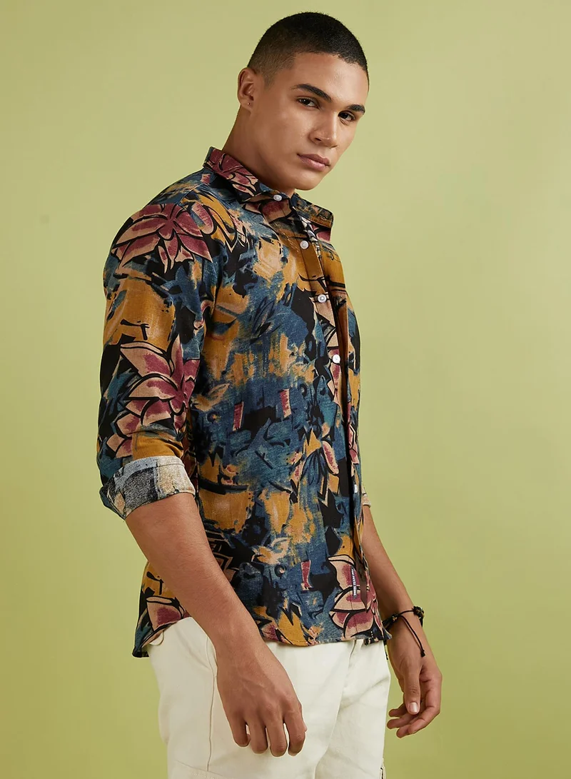 Campus Sutra Men's Multicolour Artistic Flowers Shirt