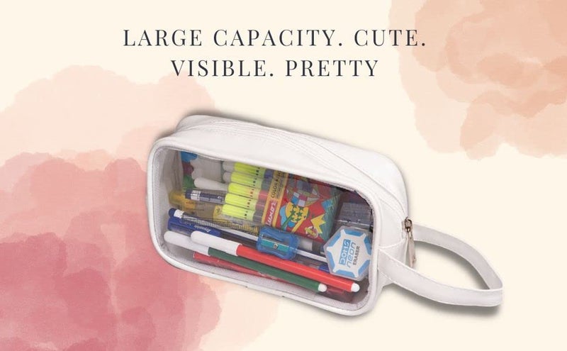 AQBAH Pvc Large Capacity Big Pencil Pouch For Girls & Boys, Transparent Pen Bag Organizer For School, Collage, Office, Cute Cosmetic Bag For Girls, Multi-Purpose Stationary Bag (White) - Image 3