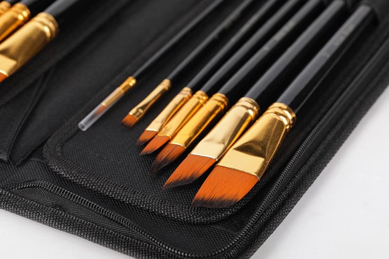 Wood Handle Durable Smooth Nylon Painting Brushes Set of 12 with Brush Bag  - Image 2