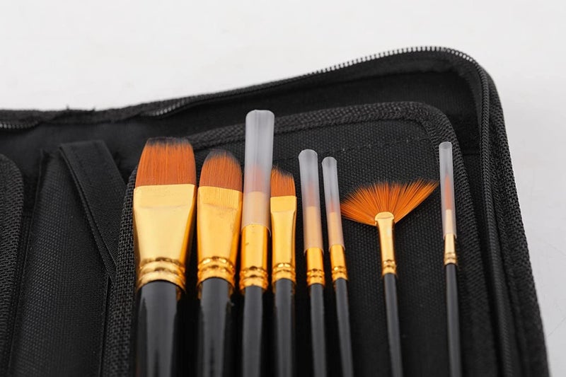 Wood Handle Durable Smooth Nylon Painting Brushes Set of 12 with Brush Bag  - Image 3