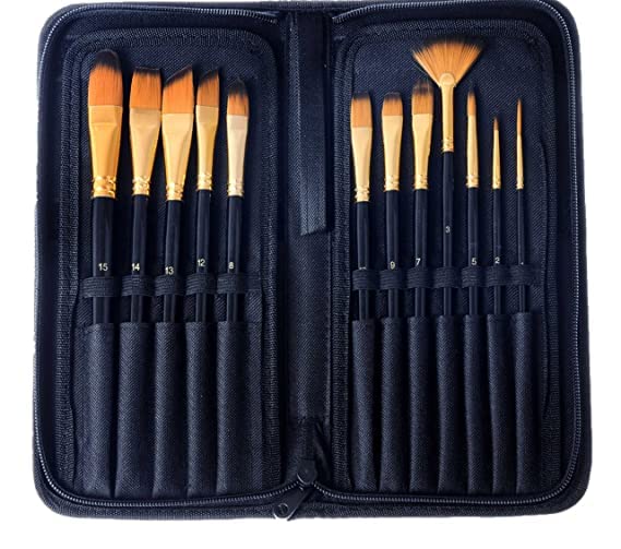 Wood Handle Durable Smooth Nylon Painting Brushes Set of 12 with Brush Bag  - Image 1