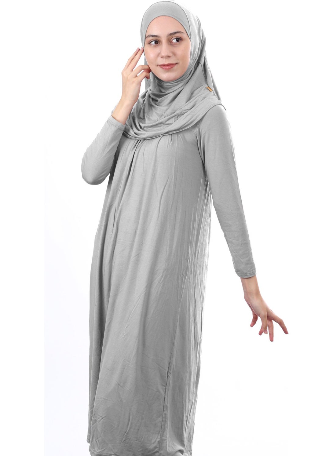 İhvan Online Waiter Size 12-15 Years Gray One Piece Women's Prayer Dress with Headscarf  - Image 3