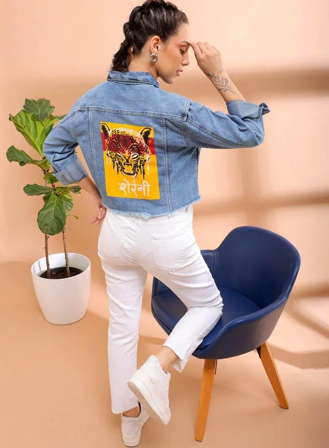 Freehand  Women Street Slim Fit Long Sleeve Back Printed Crop Denim Jacket for Women | Best Price UAE