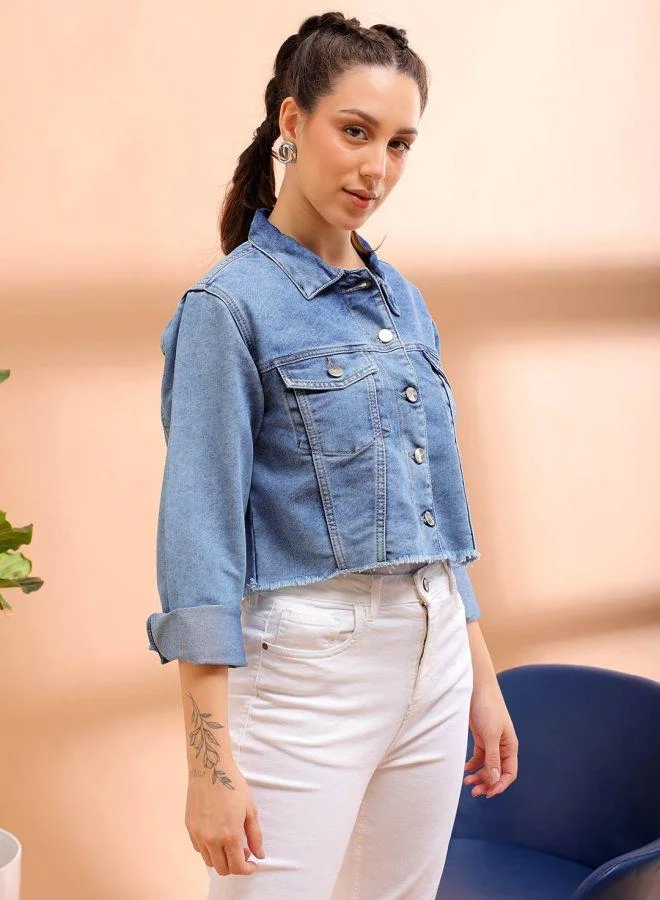 Freehand  Women Street Slim Fit Long Sleeve Back Printed Crop Denim Jacket for Women | Best Price UAE