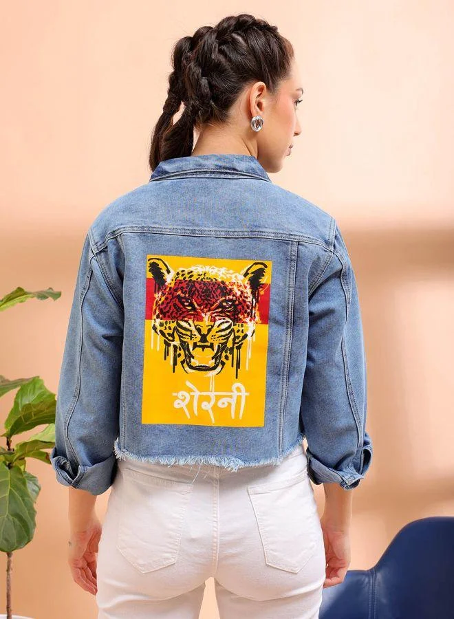 Freehand  Women Street Slim Fit Long Sleeve Back Printed Crop Denim Jacket for Women | Best Price UAE