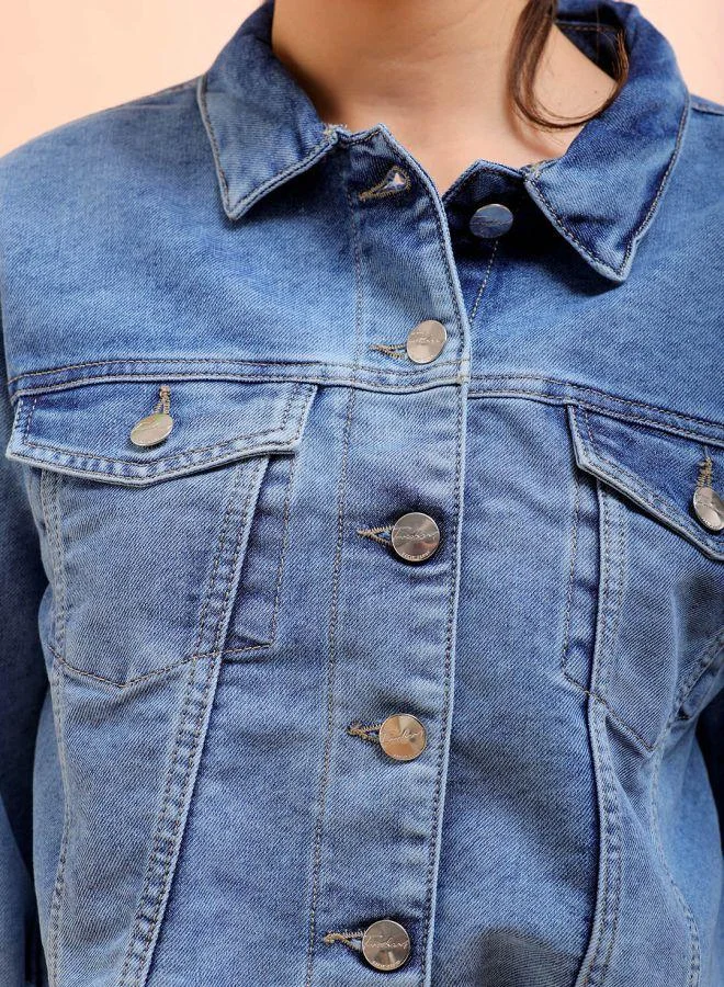 Freehand  Women Street Slim Fit Long Sleeve Back Printed Crop Denim Jacket for Women | Best Price UAE