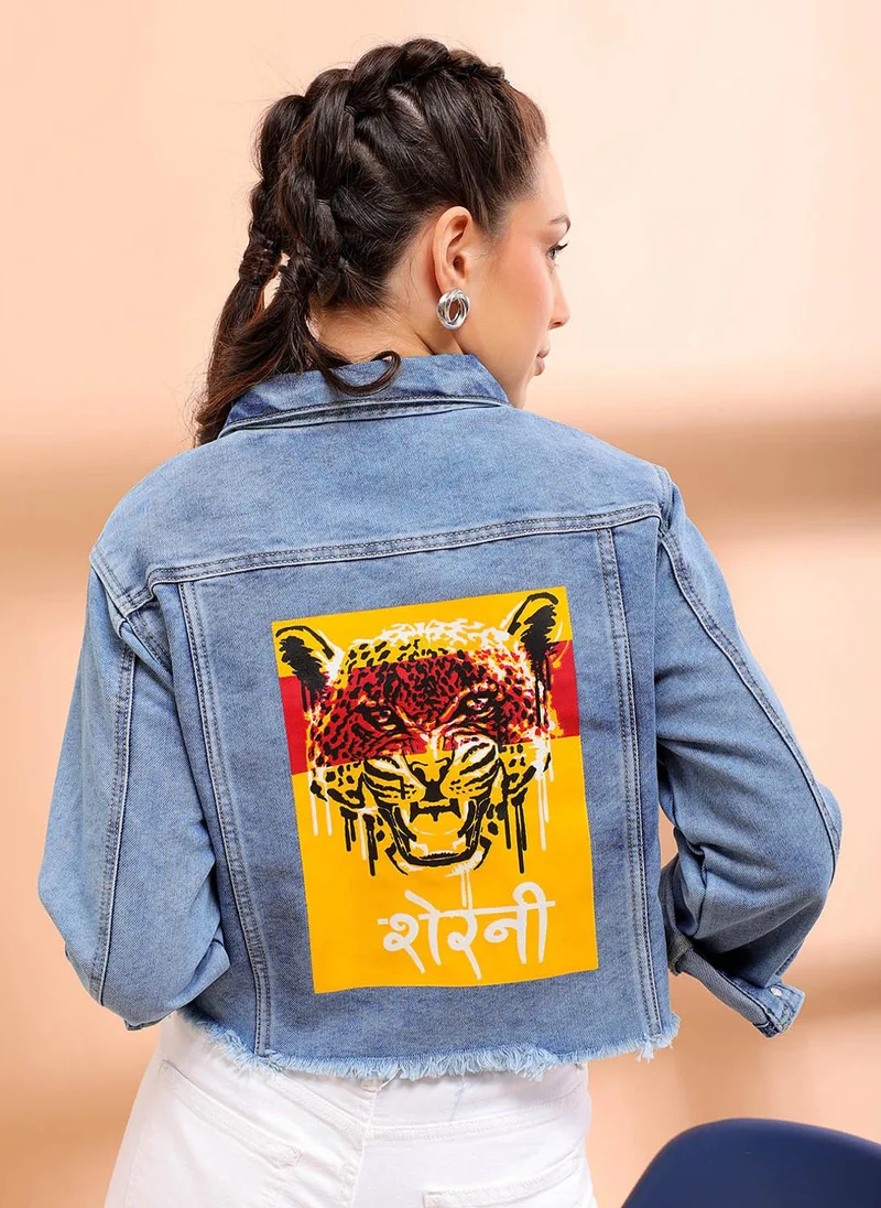 Freehand  Women Street Slim Fit Long Sleeve Back Printed Crop Denim Jacket for Women | Best Price UAE