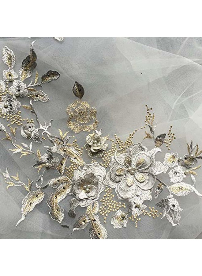 FEEPOP 3D Embroidered Patches Nail Bead Tulle Applique Flower Patch for Clothing Wedding Dress Lace C Fabric DIY Decoration (Gray) - Image 3