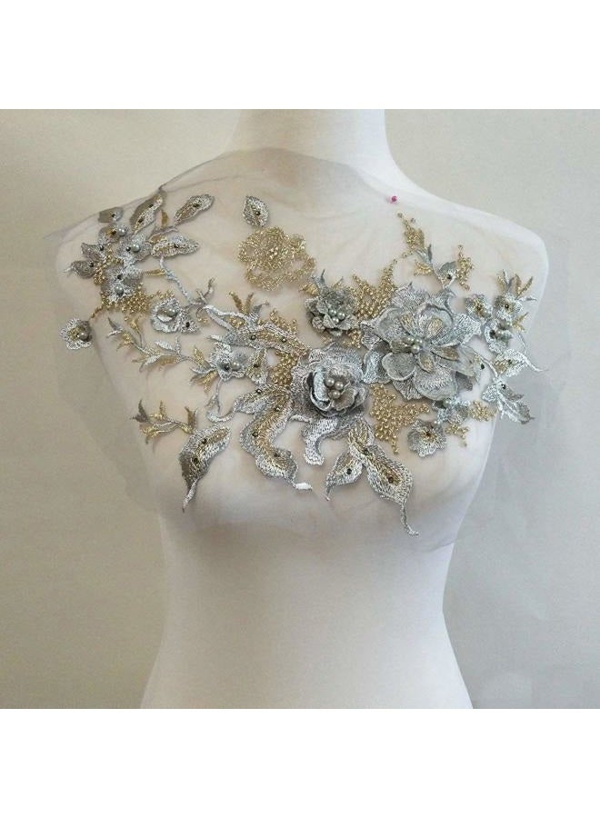 FEEPOP 3D Embroidered Patches Nail Bead Tulle Applique Flower Patch for Clothing Wedding Dress Lace C Fabric DIY Decoration (Gray) - Image 1