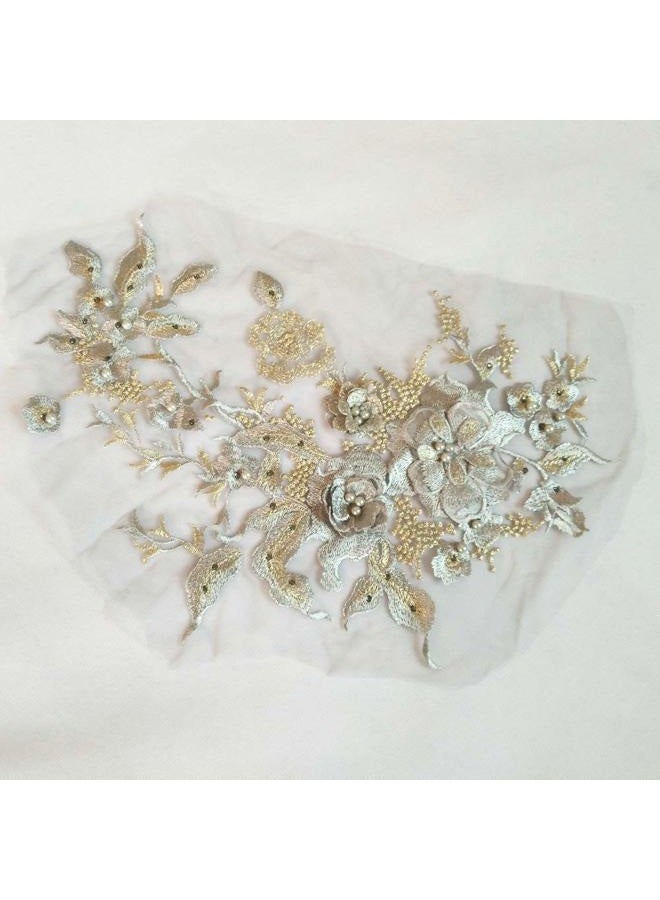 FEEPOP 3D Embroidered Patches Nail Bead Tulle Applique Flower Patch for Clothing Wedding Dress Lace C Fabric DIY Decoration (Gray) - Image 4