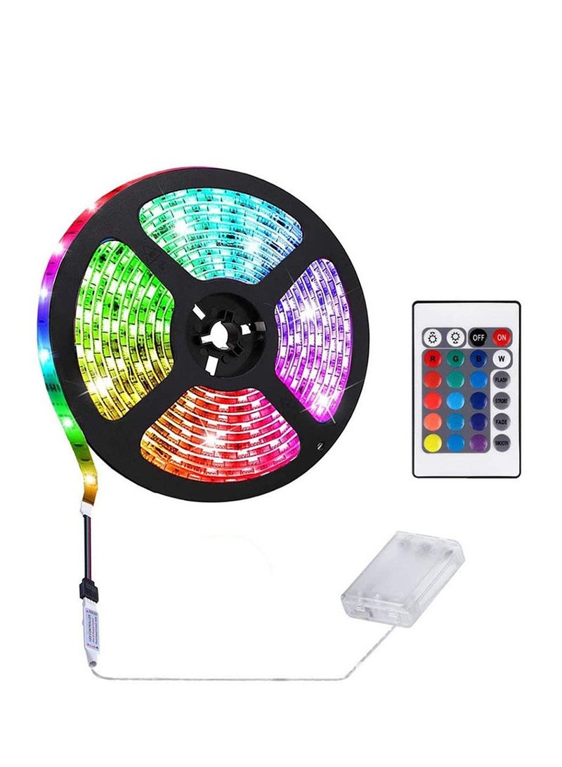 اليشمك اسم المنتج: شريط إضاءة LED 5V RGB مع جهاز تحكم عن بعد بـ 24 مفتاح وصندوق بطارية - شريط مقاوم للماء بطول 5 أمتار لإضاءة خلفية للتلفزيون وإضاءة جوية - Image 1