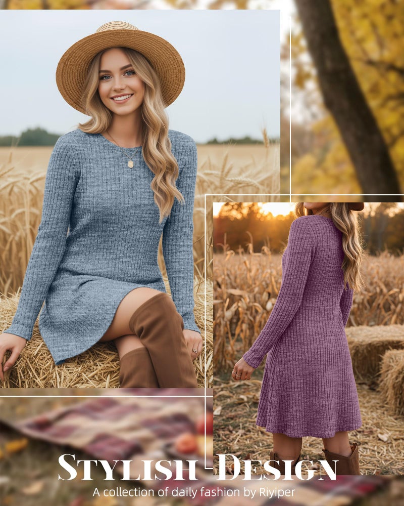 Riyiper 3 Pack Women's Long Sleeve Dresses, Loose Fitting Knit Sweater Tunic Crew Neck Causal Fall Winter Dresses (Black, Blue, Purplish Red, Small) - Image 5