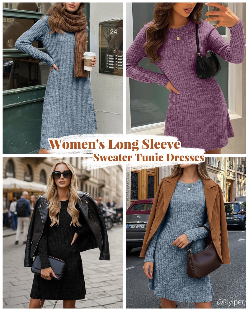 Riyiper 3 Pack Women's Long Sleeve Dresses, Loose Fitting Knit Sweater Tunic Crew Neck Causal Fall Winter Dresses (Black, Blue, Purplish Red, Small) - Image 2