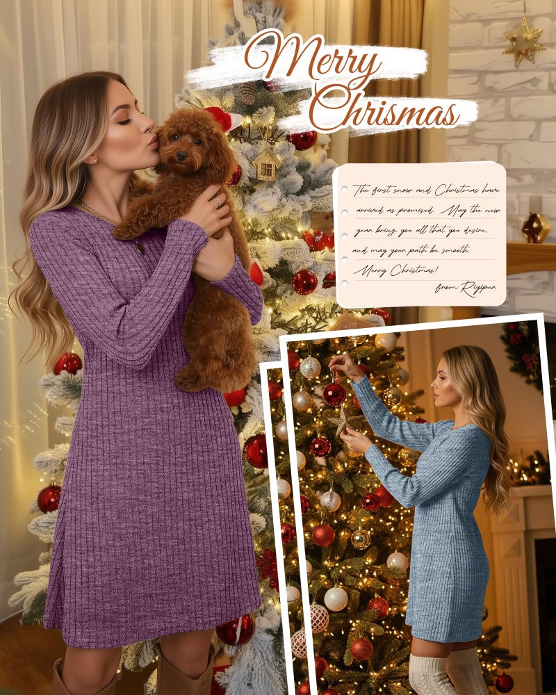 Riyiper 3 Pack Women's Long Sleeve Dresses, Loose Fitting Knit Sweater Tunic Crew Neck Causal Fall Winter Dresses (Black, Blue, Purplish Red, Small) - Image 3