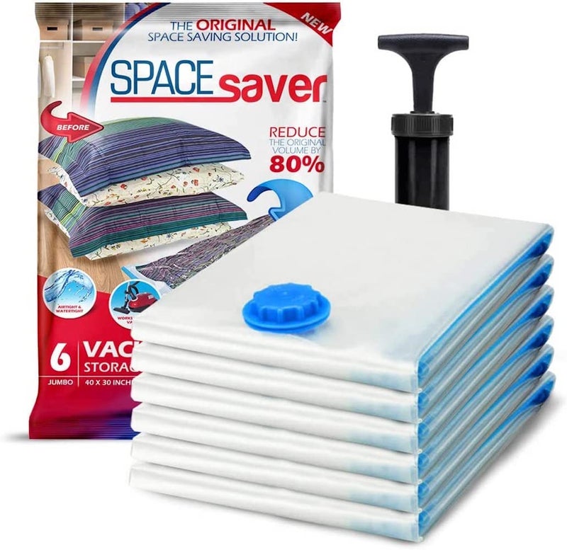 Spacesaver Premium Vacuum Storage Bags. 80% More Storage! Hand-Pump for Travel! Double-Zip Seal and Triple Seal Turbo-Valve for Max Space Saving! (Jumbo 6 Pack) - Image 1