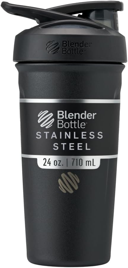 BlenderBottle Strada Shaker Cup Insulated Stainless Steel Water Bottle with Wire Whisk 24Ounce Black - Image 1