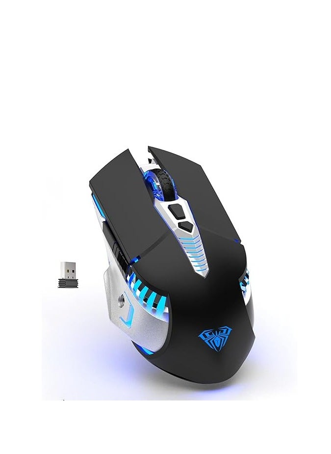 Generic AULA SC200 Rechargeable Bluetooth Mouse, LED Wireless Gaming Mouse with Side Buttons, DPI Adjustable Multi-Device(BT5.0+BT3.0+2.4G) Office Games Computer Mice for PC Mac Laptop/Tablet/Cellphone, Black  - Image 1