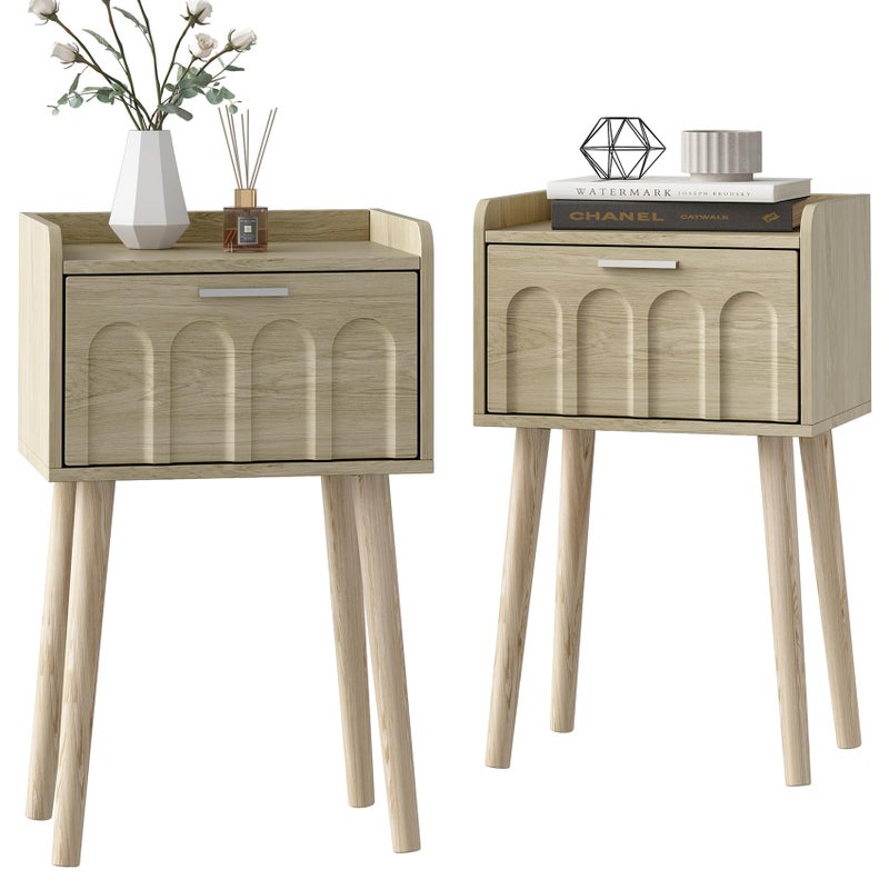 LAATOOREE Small Night Stand Set of 2, Mid- Century Side End Table with Arced Door, Bedside Tables with Solid Wood Legs for Bedroom, Living Room (Natural) - Image 1