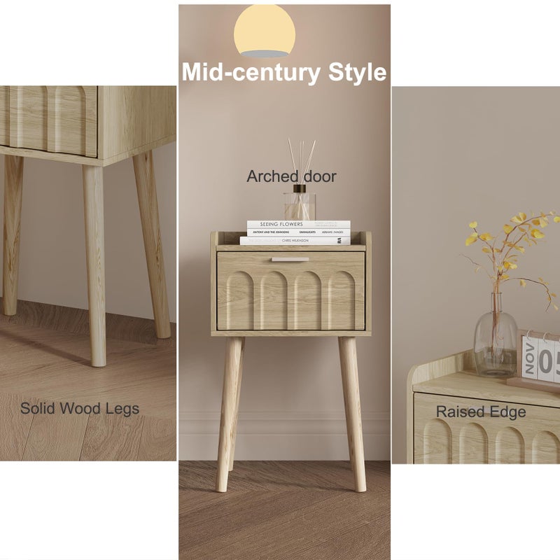 LAATOOREE Small Night Stand Set of 2, Mid- Century Side End Table with Arced Door, Bedside Tables with Solid Wood Legs for Bedroom, Living Room (Natural) - Image 5