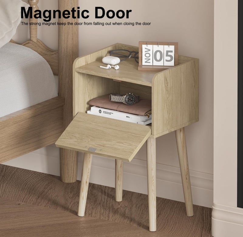 LAATOOREE Small Night Stand Set of 2, Mid- Century Side End Table with Arced Door, Bedside Tables with Solid Wood Legs for Bedroom, Living Room (Natural) - Image 4
