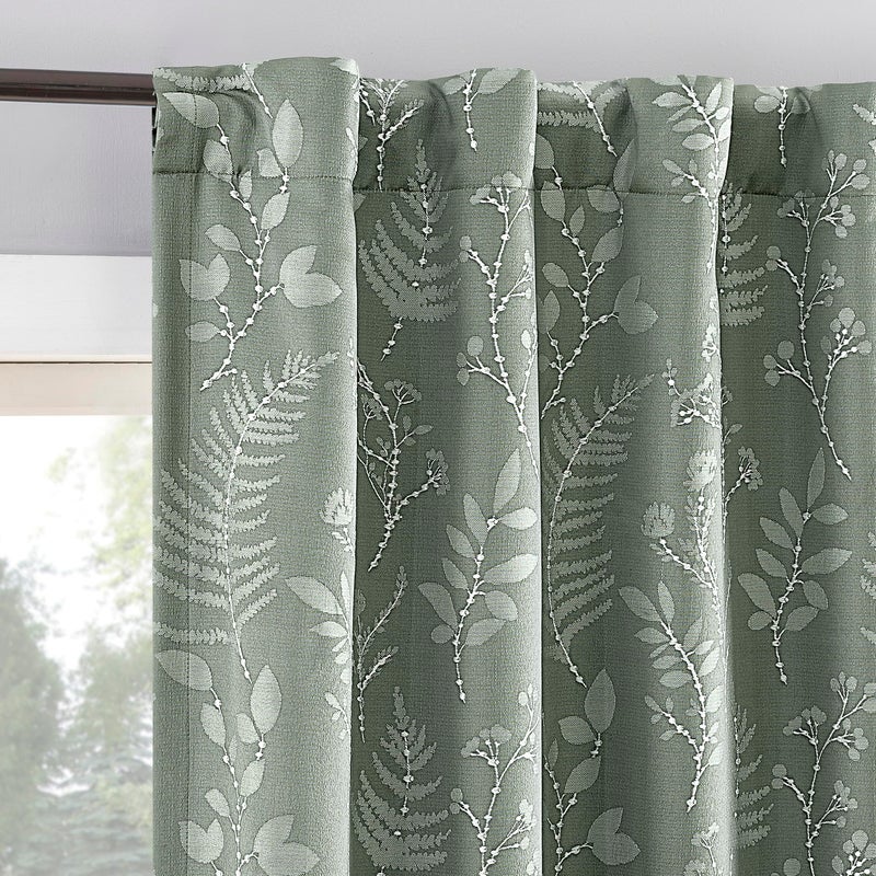 Sun Zero Ambridge 2-Pack Embroidered Botanical Leaf Pleated Look 100% Blackout Back Tab Curtain Panel Pair, 50" x 96", Sage Green - Image 1