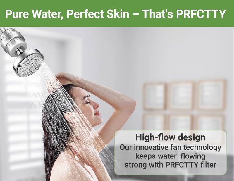 PRFCTTY فلتر دش 25 مرحلة يمنع تراكم الترسبات، ينشط الشعر والبشرة والأظافر بمياه نقية، يخفف المياه العسرة، يزيل 99% من الرصاص والكلور والفلورايد والمواد الكيميائية. تقنية مروحة عالية الإنتاج، كروم. - Image 3
