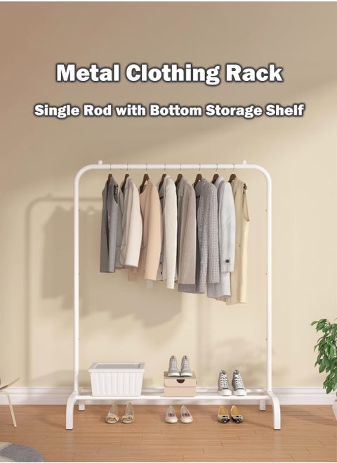 Multi Functional Metal Clothing Rack Single Rod Portable Clothing Drying Hangers with Bottom Shelf for Hanging Shirts Jeans Coats Clothes Sweaters Garment Bedroom Balcony Laundry Rooms Indoor Outdoor Use