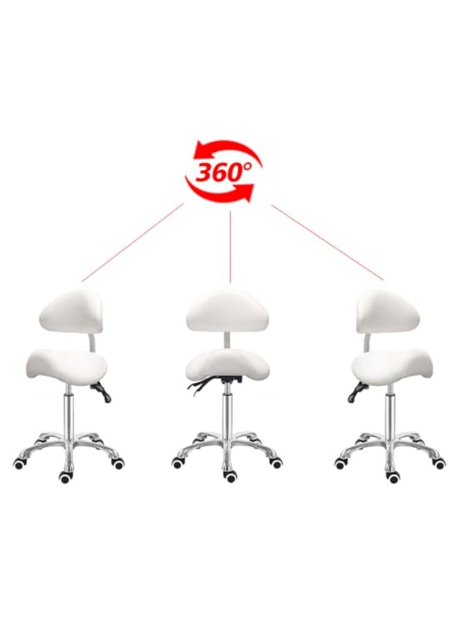 Antlu Saddle Stool Chair with Back Ergonomic Rolling Esthetician Seat for Salon Tattoo Shop Spa Dentist Clinic Adjustable Backrest White - Image 3